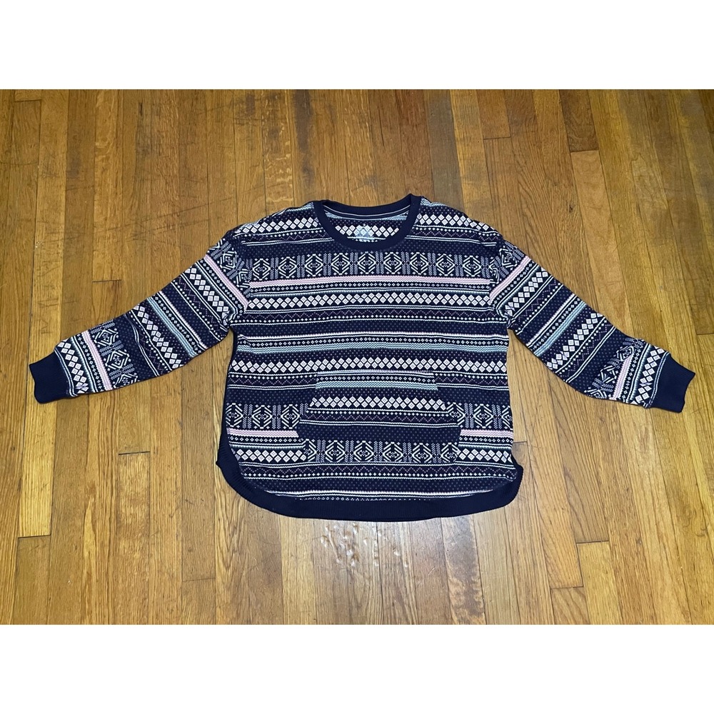 Cuddl Duds Womens Navy Fair Isle Kangaroo Pocket Pullover Top Large